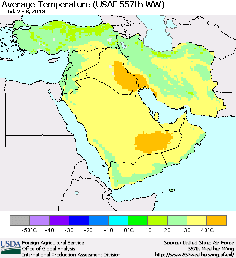 Middle East and Turkey Average Temperature (USAF 557th WW) Thematic Map For 7/2/2018 - 7/8/2018