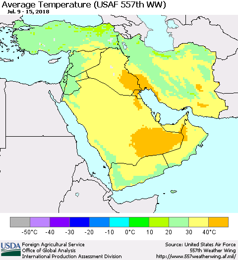 Middle East and Turkey Average Temperature (USAF 557th WW) Thematic Map For 7/9/2018 - 7/15/2018