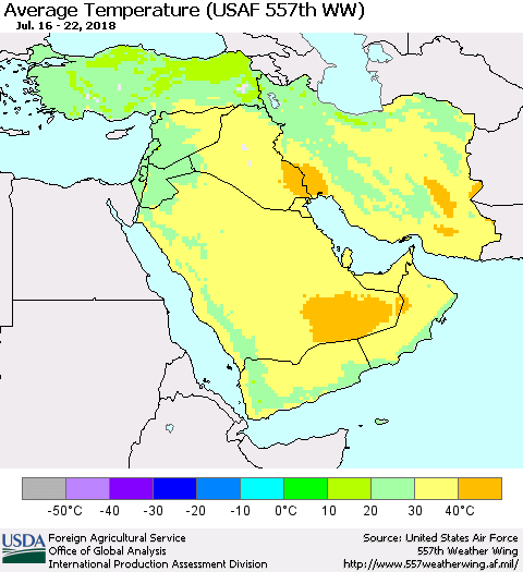 Middle East and Turkey Average Temperature (USAF 557th WW) Thematic Map For 7/16/2018 - 7/22/2018