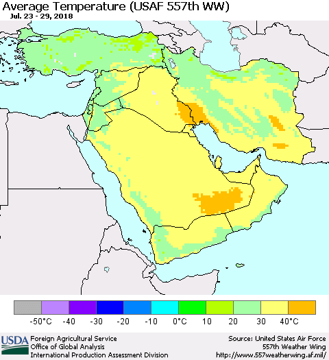 Middle East and Turkey Average Temperature (USAF 557th WW) Thematic Map For 7/23/2018 - 7/29/2018