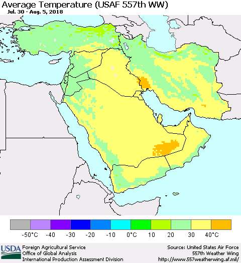 Middle East and Turkey Average Temperature (USAF 557th WW) Thematic Map For 7/30/2018 - 8/5/2018