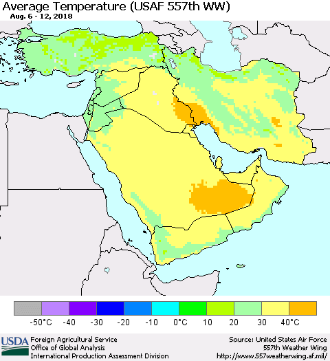 Middle East and Turkey Average Temperature (USAF 557th WW) Thematic Map For 8/6/2018 - 8/12/2018