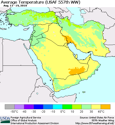 Middle East and Turkey Average Temperature (USAF 557th WW) Thematic Map For 8/13/2018 - 8/19/2018