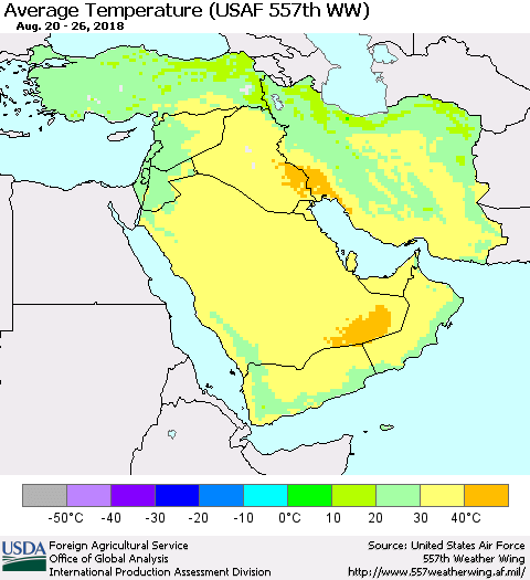 Middle East and Turkey Average Temperature (USAF 557th WW) Thematic Map For 8/20/2018 - 8/26/2018