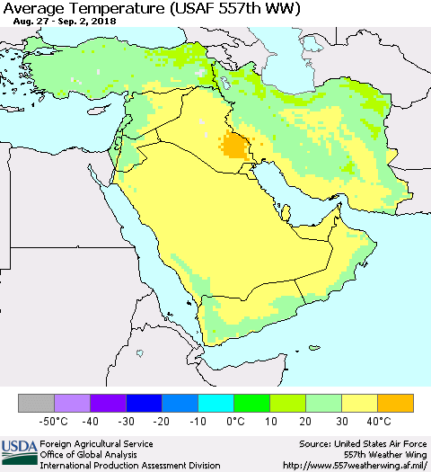 Middle East and Turkey Average Temperature (USAF 557th WW) Thematic Map For 8/27/2018 - 9/2/2018