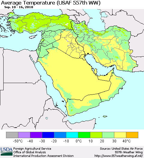Middle East and Turkey Average Temperature (USAF 557th WW) Thematic Map For 9/10/2018 - 9/16/2018