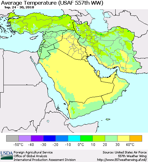 Middle East and Turkey Average Temperature (USAF 557th WW) Thematic Map For 9/24/2018 - 9/30/2018