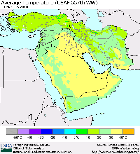 Middle East and Turkey Average Temperature (USAF 557th WW) Thematic Map For 10/1/2018 - 10/7/2018