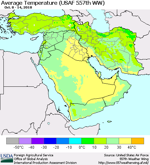 Middle East and Turkey Average Temperature (USAF 557th WW) Thematic Map For 10/8/2018 - 10/14/2018