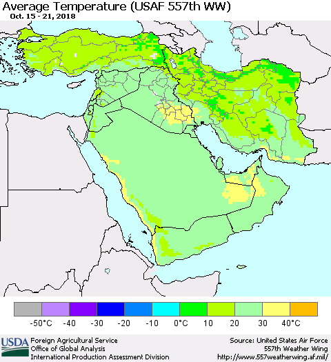 Middle East and Turkey Average Temperature (USAF 557th WW) Thematic Map For 10/15/2018 - 10/21/2018