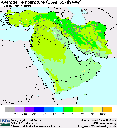 Middle East and Turkey Average Temperature (USAF 557th WW) Thematic Map For 10/29/2018 - 11/4/2018