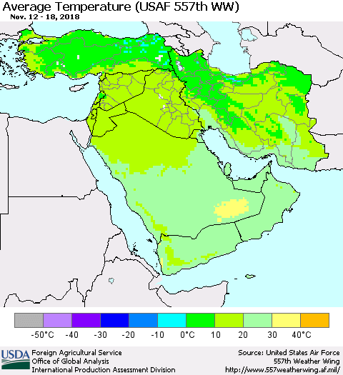 Middle East and Turkey Average Temperature (USAF 557th WW) Thematic Map For 11/12/2018 - 11/18/2018