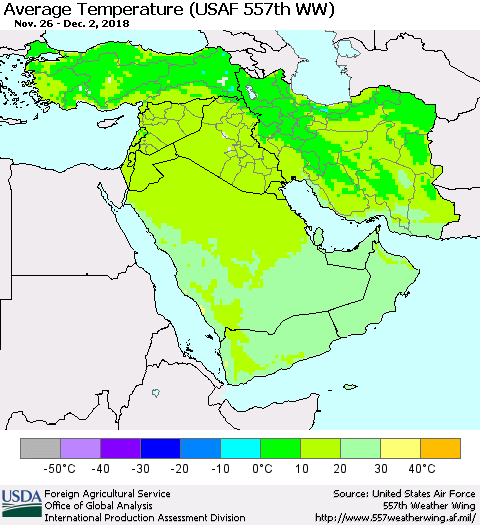 Middle East and Turkey Average Temperature (USAF 557th WW) Thematic Map For 11/26/2018 - 12/2/2018