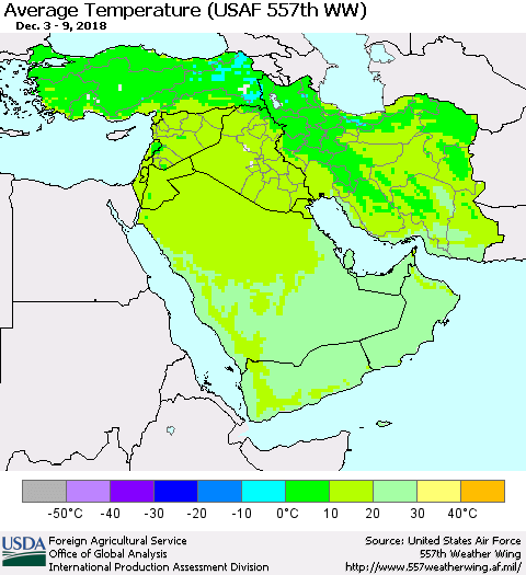 Middle East and Turkey Average Temperature (USAF 557th WW) Thematic Map For 12/3/2018 - 12/9/2018