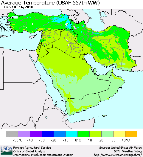 Middle East and Turkey Average Temperature (USAF 557th WW) Thematic Map For 12/10/2018 - 12/16/2018