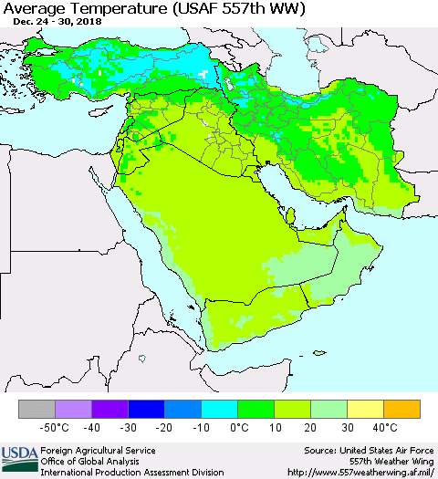 Middle East and Turkey Average Temperature (USAF 557th WW) Thematic Map For 12/24/2018 - 12/30/2018