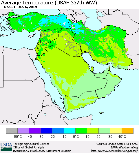 Middle East and Turkey Average Temperature (USAF 557th WW) Thematic Map For 12/31/2018 - 1/6/2019