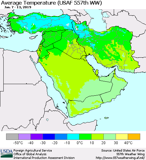 Middle East and Turkey Average Temperature (USAF 557th WW) Thematic Map For 1/7/2019 - 1/13/2019