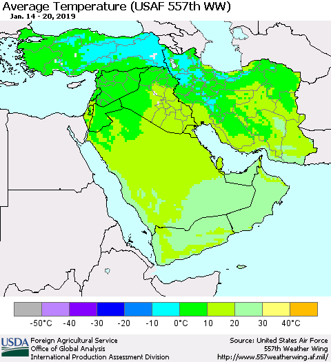 Middle East and Turkey Average Temperature (USAF 557th WW) Thematic Map For 1/14/2019 - 1/20/2019