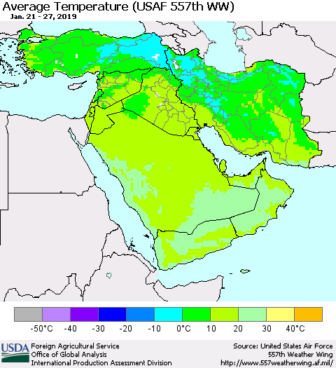 Middle East and Turkey Average Temperature (USAF 557th WW) Thematic Map For 1/21/2019 - 1/27/2019
