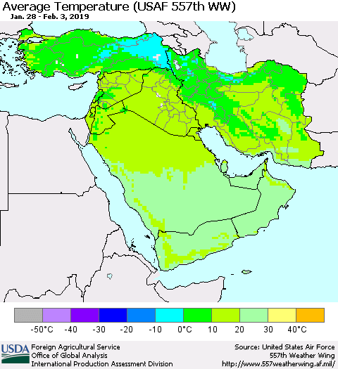 Middle East and Turkey Average Temperature (USAF 557th WW) Thematic Map For 1/28/2019 - 2/3/2019