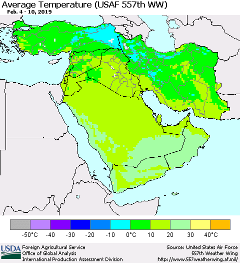 Middle East and Turkey Average Temperature (USAF 557th WW) Thematic Map For 2/4/2019 - 2/10/2019