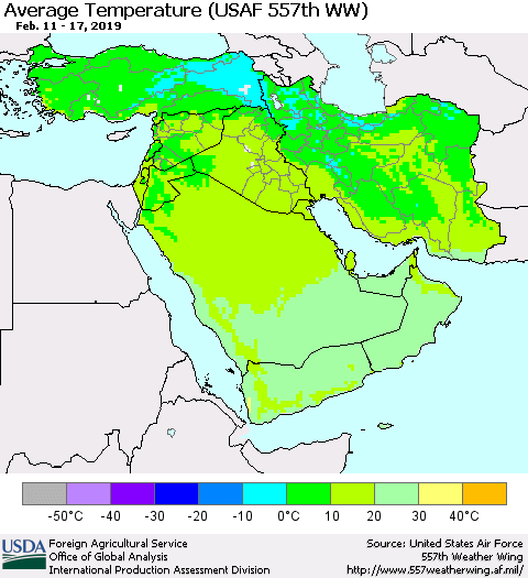 Middle East and Turkey Average Temperature (USAF 557th WW) Thematic Map For 2/11/2019 - 2/17/2019
