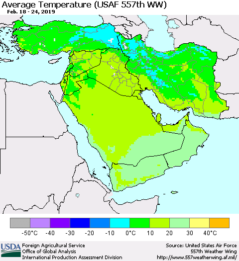 Middle East and Turkey Average Temperature (USAF 557th WW) Thematic Map For 2/18/2019 - 2/24/2019