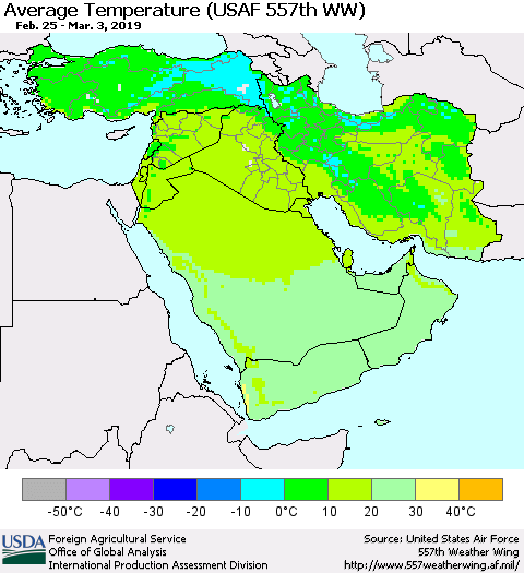 Middle East and Turkey Average Temperature (USAF 557th WW) Thematic Map For 2/25/2019 - 3/3/2019