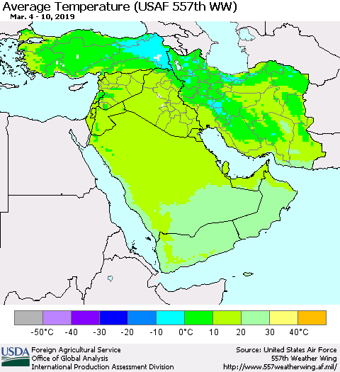 Middle East and Turkey Average Temperature (USAF 557th WW) Thematic Map For 3/4/2019 - 3/10/2019