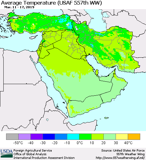 Middle East and Turkey Average Temperature (USAF 557th WW) Thematic Map For 3/11/2019 - 3/17/2019