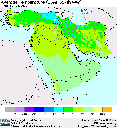 Middle East and Turkey Average Temperature (USAF 557th WW) Thematic Map For 3/18/2019 - 3/24/2019