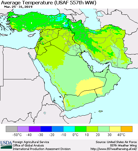 Middle East and Turkey Average Temperature (USAF 557th WW) Thematic Map For 3/25/2019 - 3/31/2019