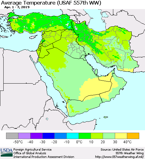 Middle East and Turkey Average Temperature (USAF 557th WW) Thematic Map For 4/1/2019 - 4/7/2019