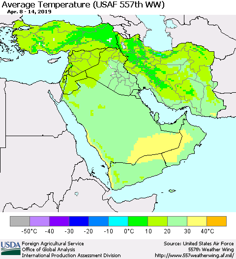 Middle East and Turkey Average Temperature (USAF 557th WW) Thematic Map For 4/8/2019 - 4/14/2019