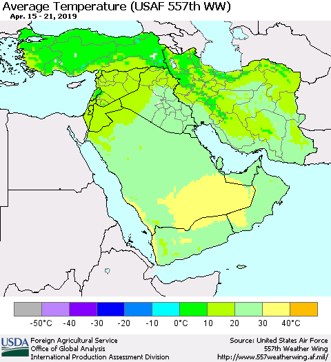Middle East and Turkey Average Temperature (USAF 557th WW) Thematic Map For 4/15/2019 - 4/21/2019