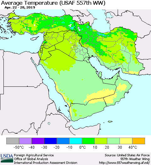 Middle East and Turkey Average Temperature (USAF 557th WW) Thematic Map For 4/22/2019 - 4/28/2019