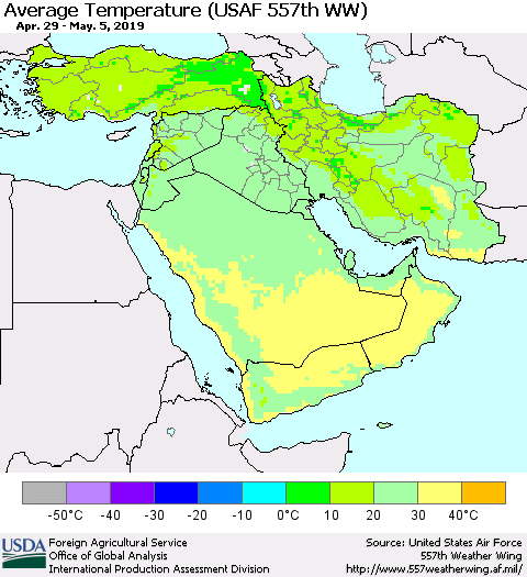 Middle East and Turkey Average Temperature (USAF 557th WW) Thematic Map For 4/29/2019 - 5/5/2019