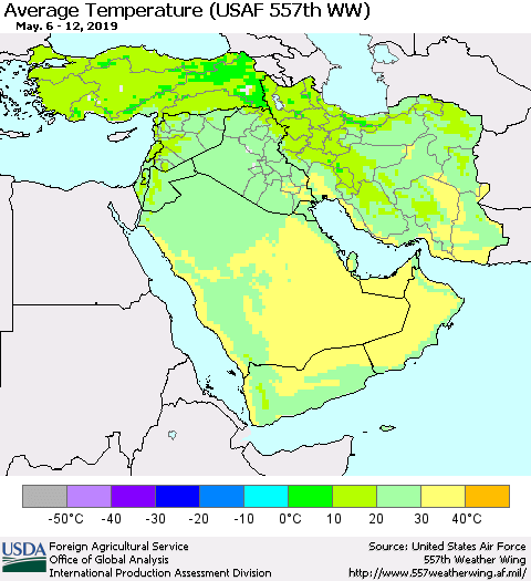 Middle East and Turkey Average Temperature (USAF 557th WW) Thematic Map For 5/6/2019 - 5/12/2019