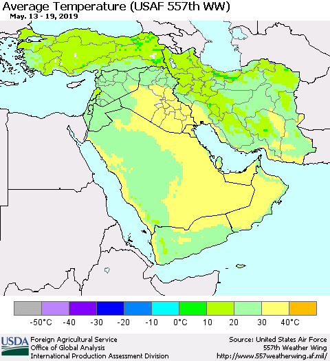 Middle East and Turkey Average Temperature (USAF 557th WW) Thematic Map For 5/13/2019 - 5/19/2019