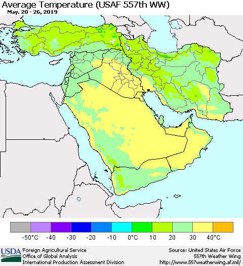 Middle East and Turkey Average Temperature (USAF 557th WW) Thematic Map For 5/20/2019 - 5/26/2019