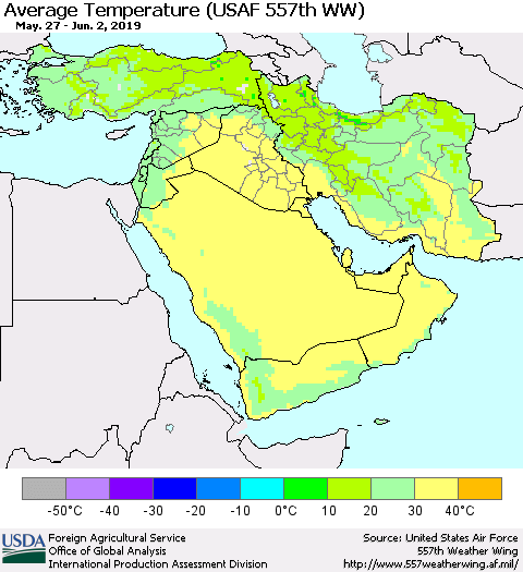 Middle East and Turkey Average Temperature (USAF 557th WW) Thematic Map For 5/27/2019 - 6/2/2019