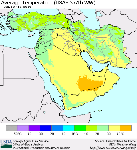 Middle East and Turkey Average Temperature (USAF 557th WW) Thematic Map For 6/10/2019 - 6/16/2019