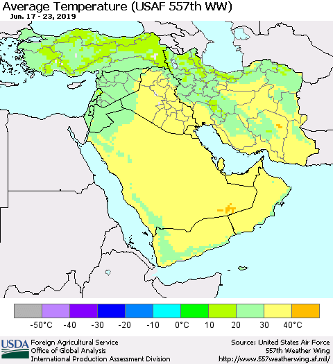 Middle East and Turkey Average Temperature (USAF 557th WW) Thematic Map For 6/17/2019 - 6/23/2019