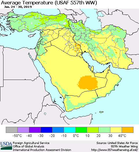 Middle East and Turkey Average Temperature (USAF 557th WW) Thematic Map For 6/24/2019 - 6/30/2019