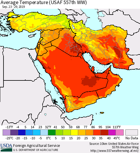 Middle East and Turkey Average Temperature (USAF 557th WW) Thematic Map For 9/23/2019 - 9/29/2019
