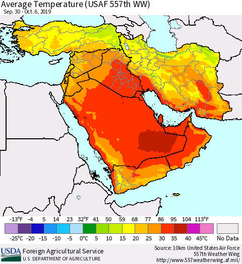 Middle East and Turkey Average Temperature (USAF 557th WW) Thematic Map For 9/30/2019 - 10/6/2019