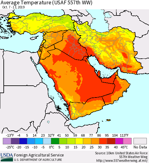 Middle East and Turkey Average Temperature (USAF 557th WW) Thematic Map For 10/7/2019 - 10/13/2019