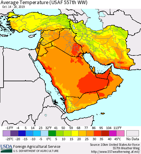 Middle East and Turkey Average Temperature (USAF 557th WW) Thematic Map For 10/14/2019 - 10/20/2019