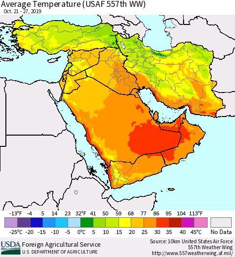 Middle East and Turkey Average Temperature (USAF 557th WW) Thematic Map For 10/21/2019 - 10/27/2019